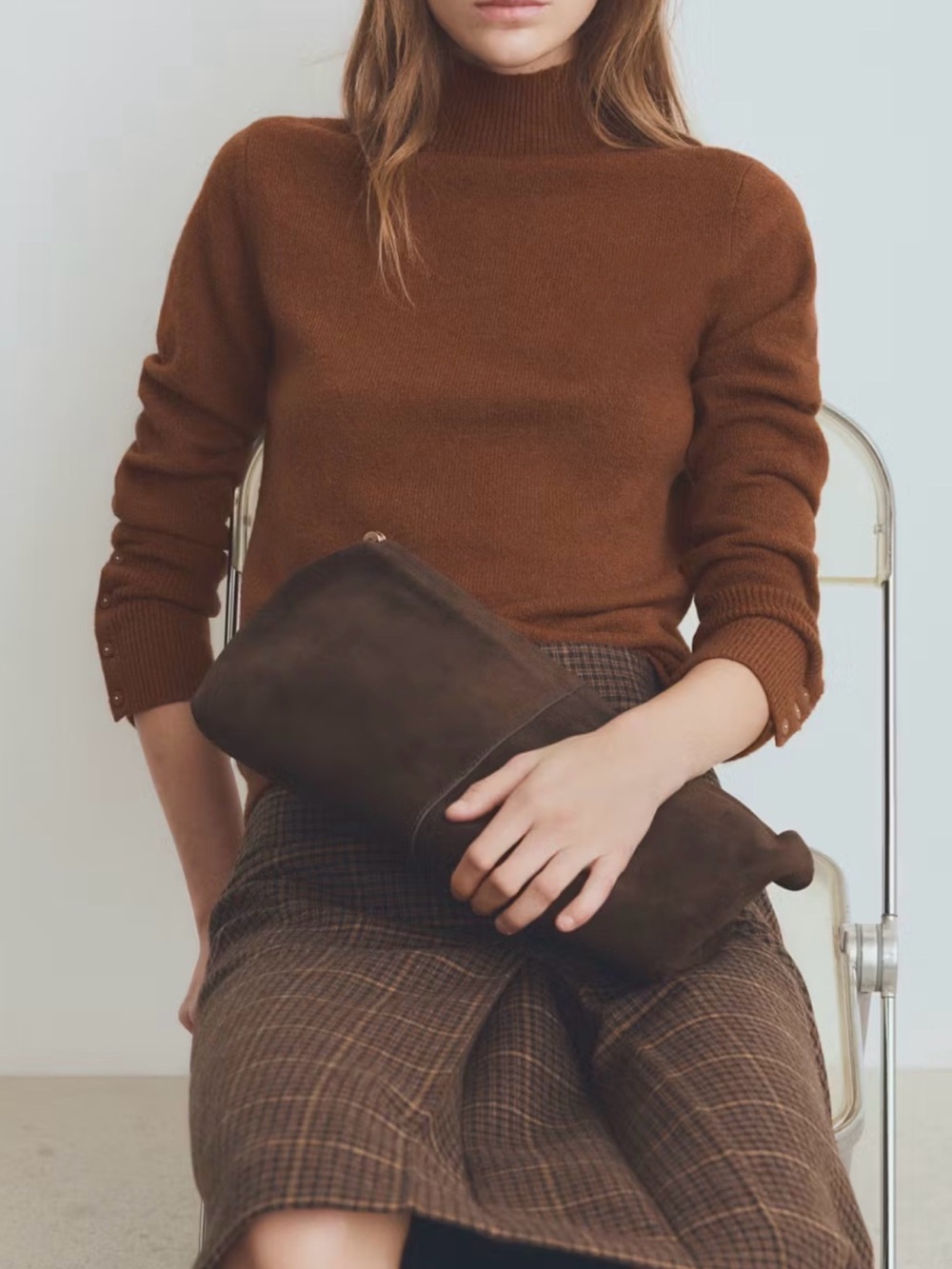 Mango Sweater with Buttoned Cuffs and Perkins Collar - Caramel (NWT)